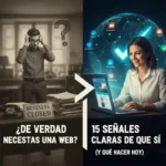 Empresaria revisa en móvil y portátil un checklist de 15 señales para rediseñar su web y definir un plan de acción