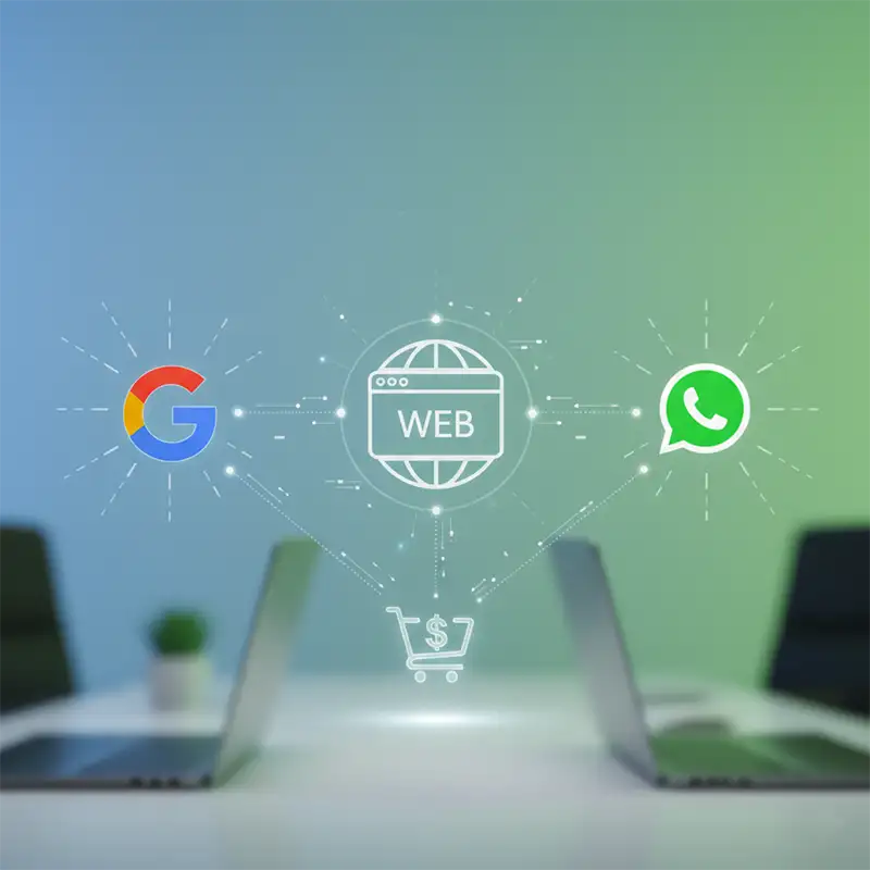 Perfil de Negocio en Google conectado a landing y botón de WhatsApp — presencia mínima que vende