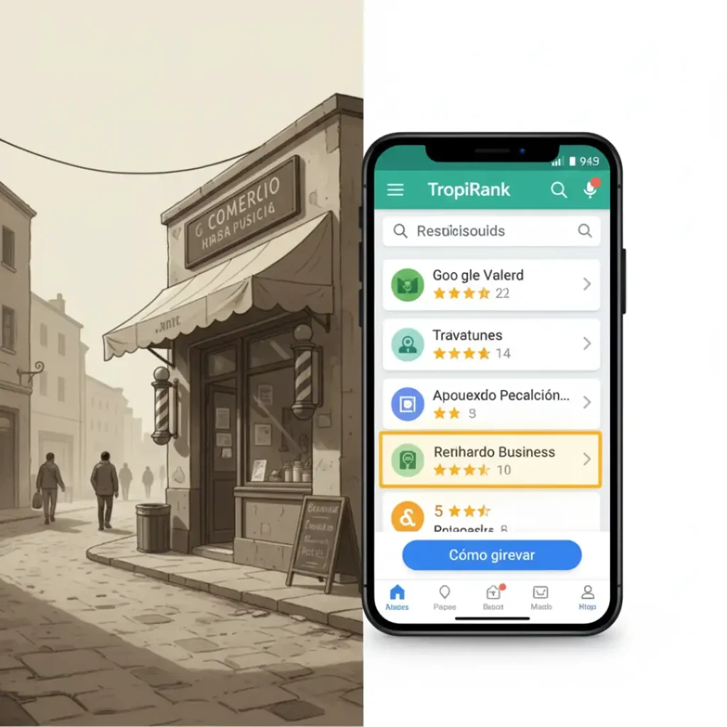 egocio local en la calle junto a un móvil con resultados de Google, representando el marketing digital para comercios físicos