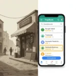 egocio local en la calle junto a un móvil con resultados de Google, representando el marketing digital para comercios físicos