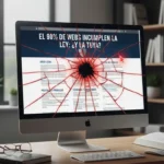 Ordenador con pantalla rota mostrando un mensaje de error legal: “El 90 % de webs incumplen la ley… ¿y la tuya?”. Representación visual del riesgo por tener mal configurados los avisos legales y cookies.