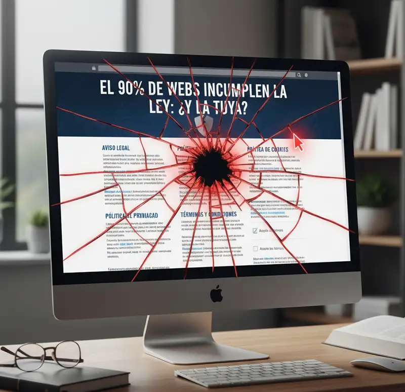 Ordenador con pantalla rota mostrando un mensaje de error legal: “El 90 % de webs incumplen la ley… ¿y la tuya?”. Representación visual del riesgo por tener mal configurados los avisos legales y cookies.