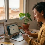 Autónomo gestionando las redes sociales de su negocio desde el móvil con iconos de Instagram Facebook y LinkedIn