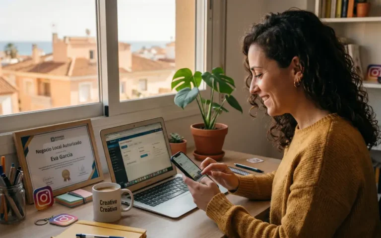 Autónomo gestionando las redes sociales de su negocio desde el móvil con iconos de Instagram Facebook y LinkedIn